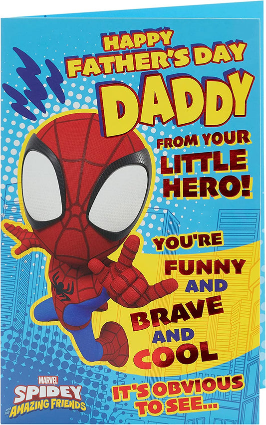 Marvel Spiderman Father's Day greeting card from son, UK Greetings, featuring Spiderman design for dads on Father's Day.