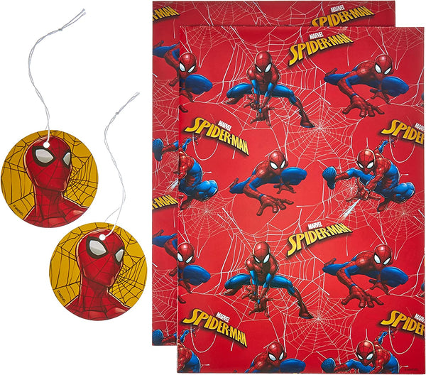 Marvel Spider-Man themed wrapping paper with two sheets and two tags, featuring Spider-Man designs for gift wrapping.