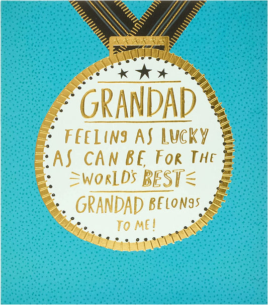 Father's Day greeting card for Grandad featuring medal design, from UK Greetings, with heartfelt message and decorative elements.