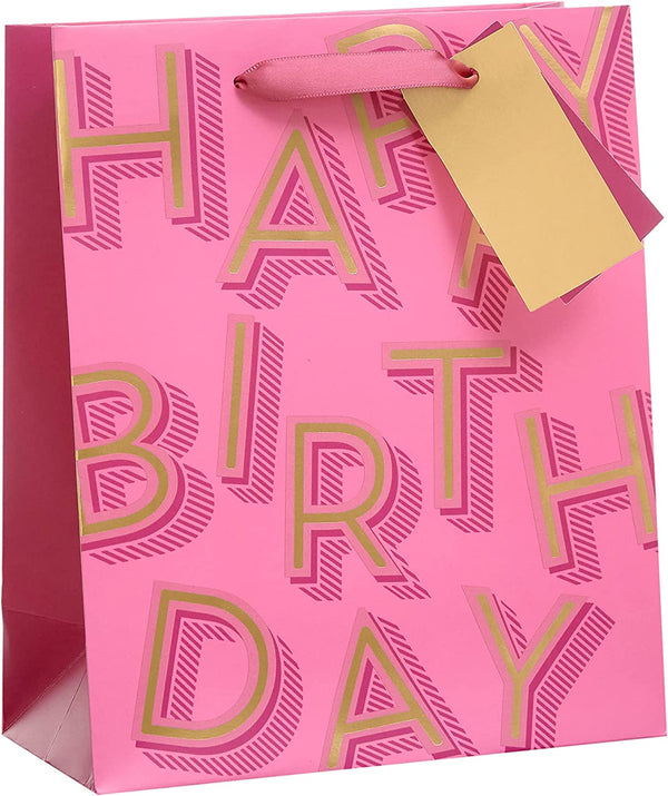 Medium pink gift bag with birthday lettering, designed for gift presentation, from UK Greetings.