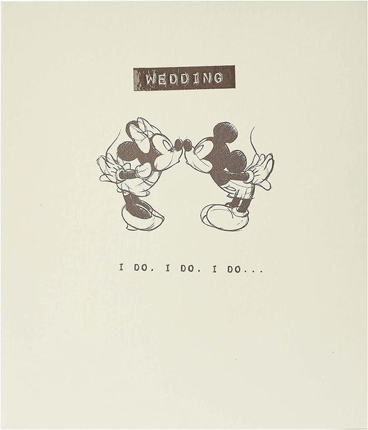 Disney Mickey & Minnie wedding congratulations greeting card by UK Greetings featuring colorful Mickey and Minnie Mouse illustrations.