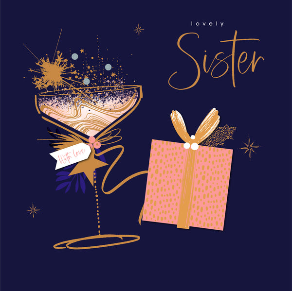 UK Greetings Midnight Lustre Christmas and New Year greeting card for sister featuring festive design and elegant holiday message.
