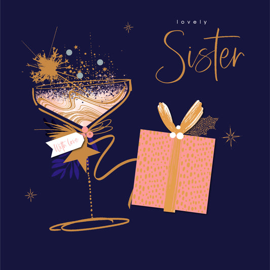 UK Greetings Midnight Lustre Christmas and New Year greeting card for sister featuring festive design and elegant holiday message.