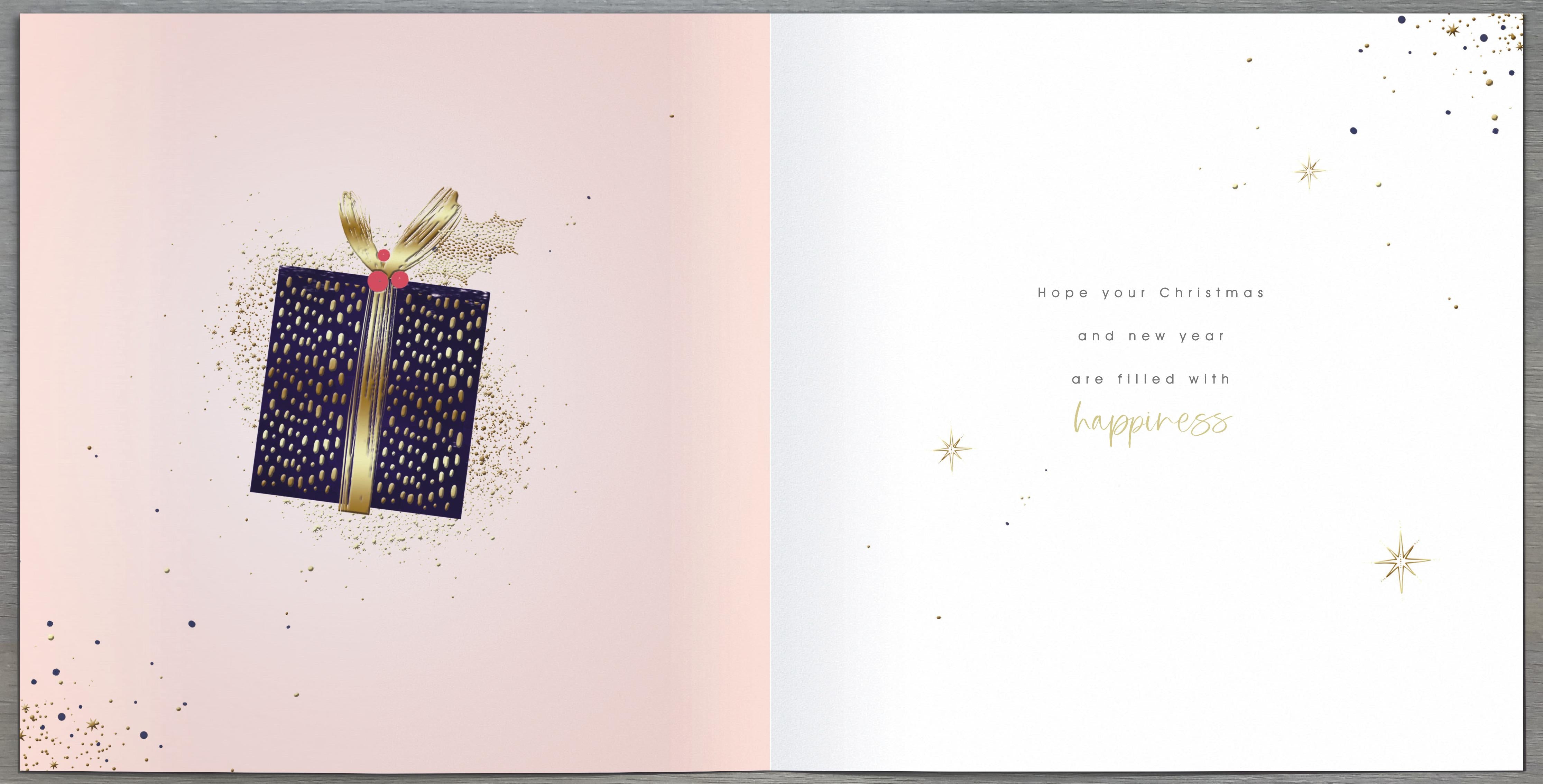 UK Greetings Christmas and New Year greeting card for sister featuring a midnight lustre design with festive holiday imagery.