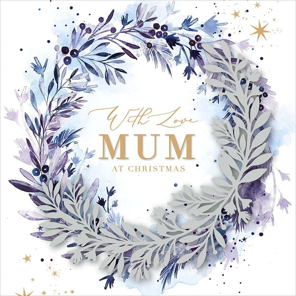 Midnight Watercolour Wreath Mum Christmas Card showing a festive watercolor wreath design on greeting card.