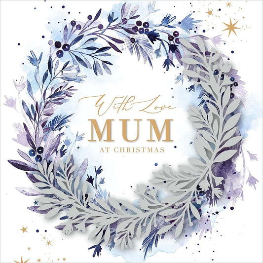 Midnight Watercolour Wreath Mum Christmas Card showing a festive watercolor wreath design on greeting card.
