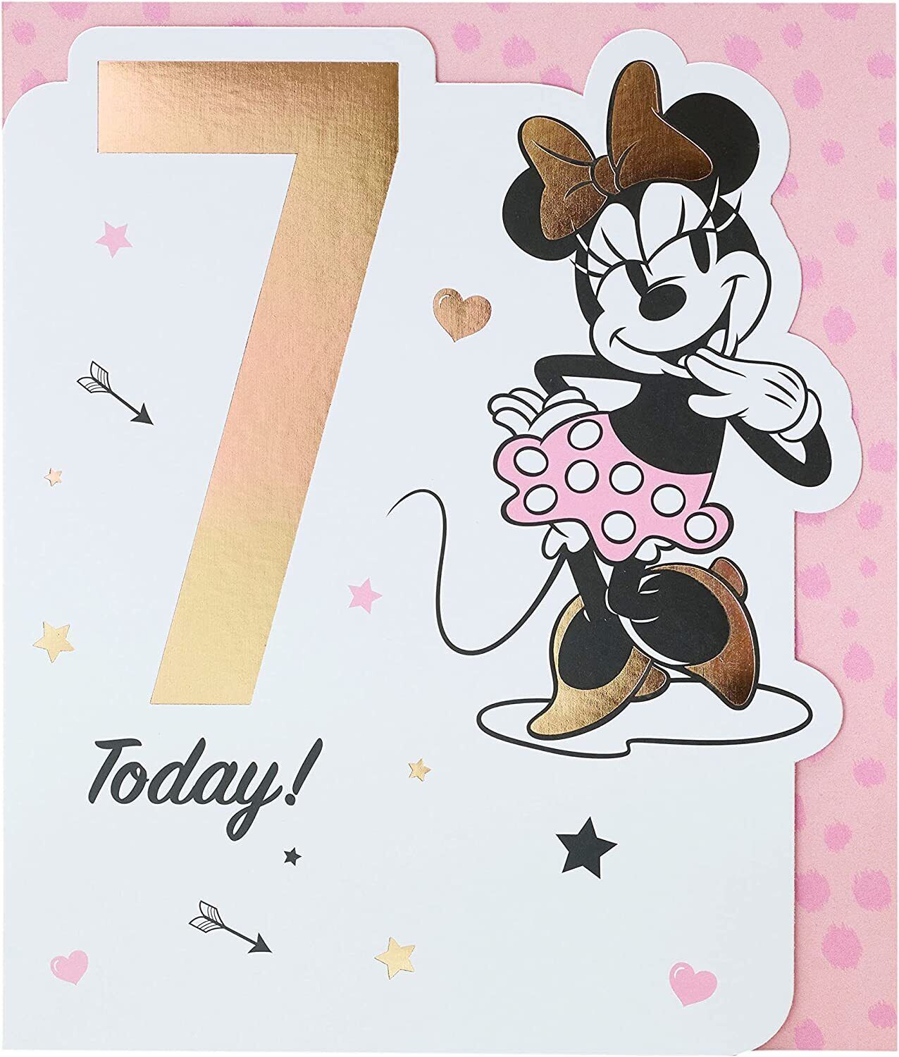 Colorful Minnie Mouse 7th birthday greeting card for girls from UK Greetings, featuring cheerful Minnie and celebratory design.