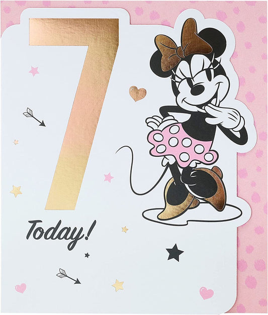 Colorful Minnie Mouse 7th birthday greeting card for girls from UK Greetings, featuring cheerful Minnie and celebratory design.