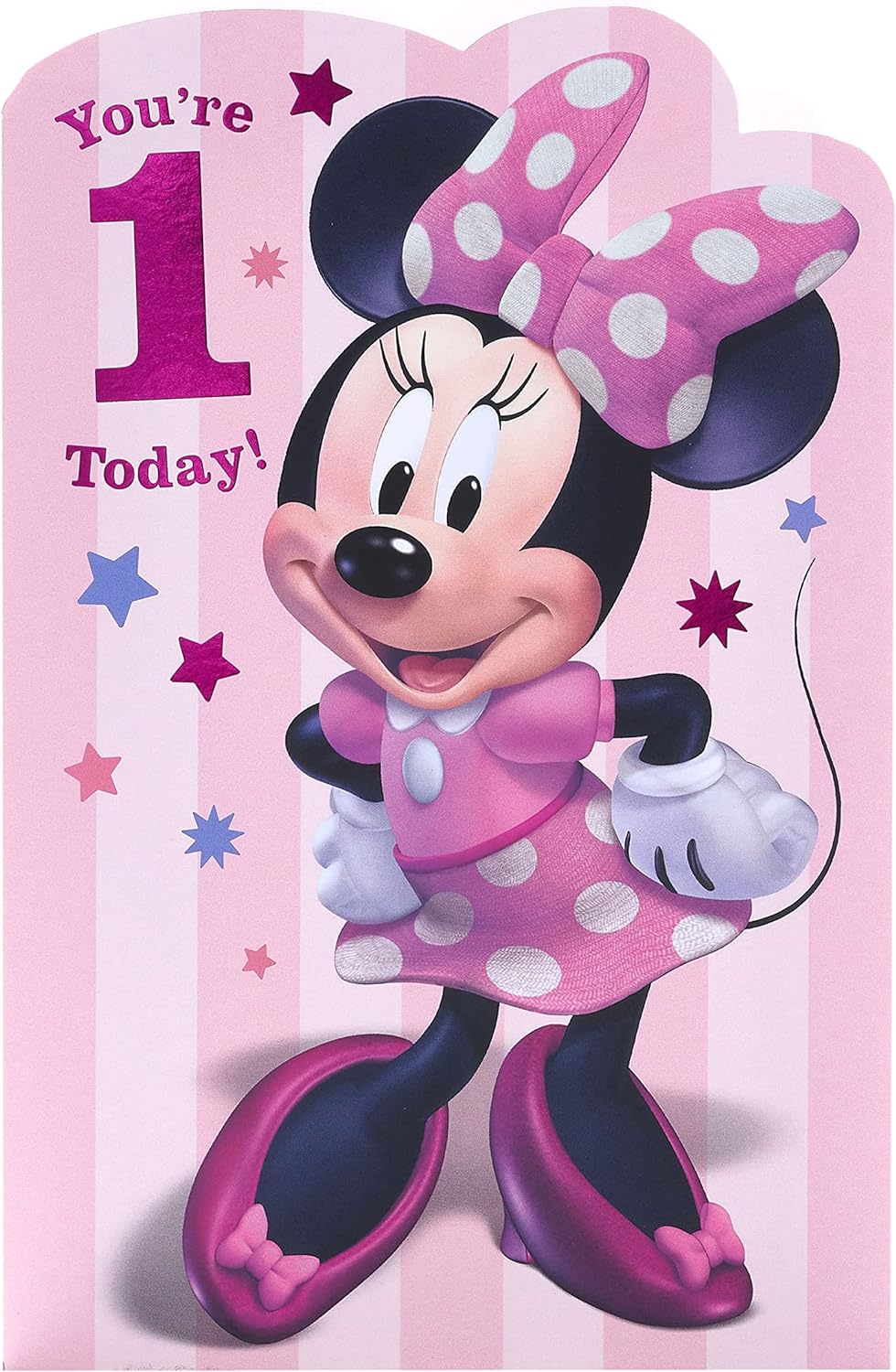 Pink Minnie Mouse first birthday greeting card by UK Greetings featuring a cheerful Minnie illustration for a special celebration.