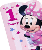 Pink Minnie Mouse 1st birthday greeting card with colorful design, perfect for celebrating a child's first birthday.