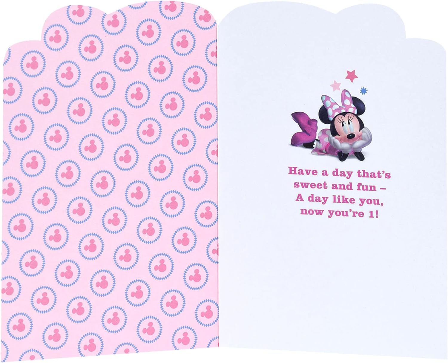 Pink Minnie Mouse 1st birthday greeting card by UK Greetings featuring cheerful Minnie illustration and festive design.