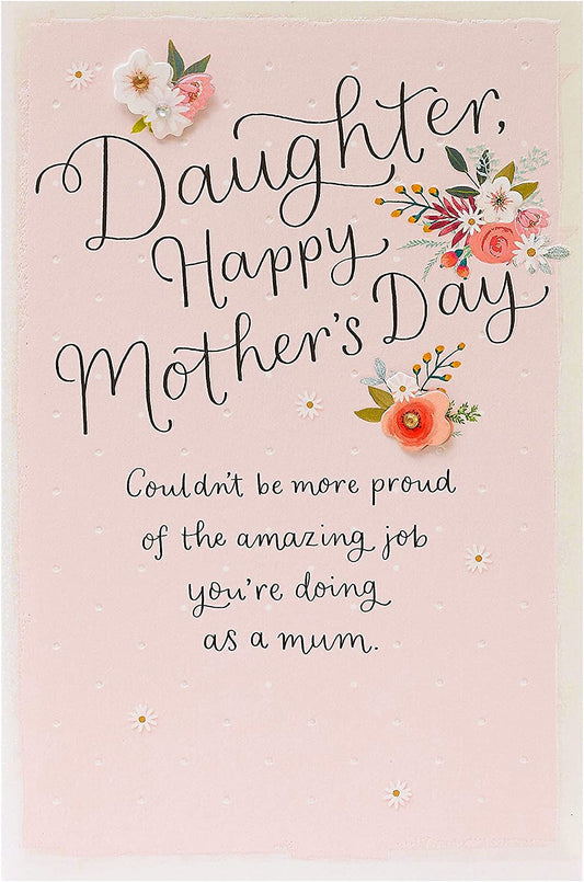 3D Mother's Day greeting card for daughter by UK Greetings, featuring colorful floral design and heartfelt message inside.