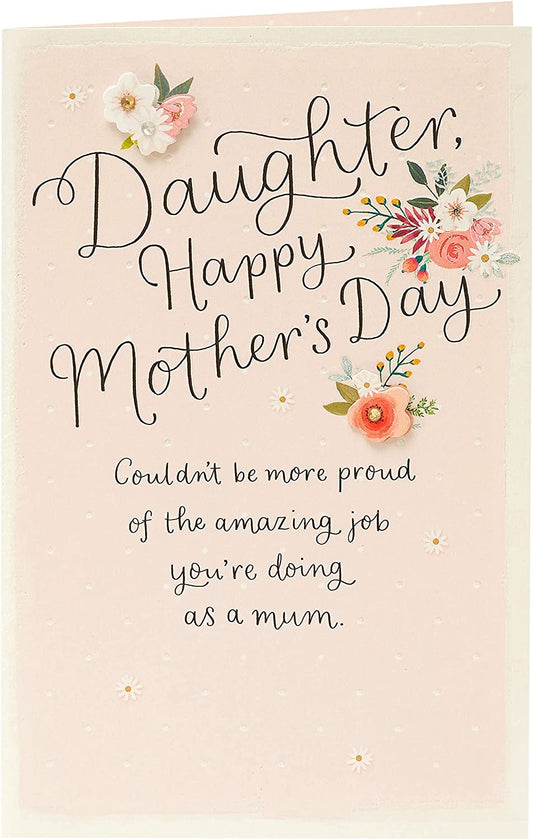 Mother's Day greeting card for daughter with 3D effect, UK Greetings, featuring colorful floral design and heartfelt message.