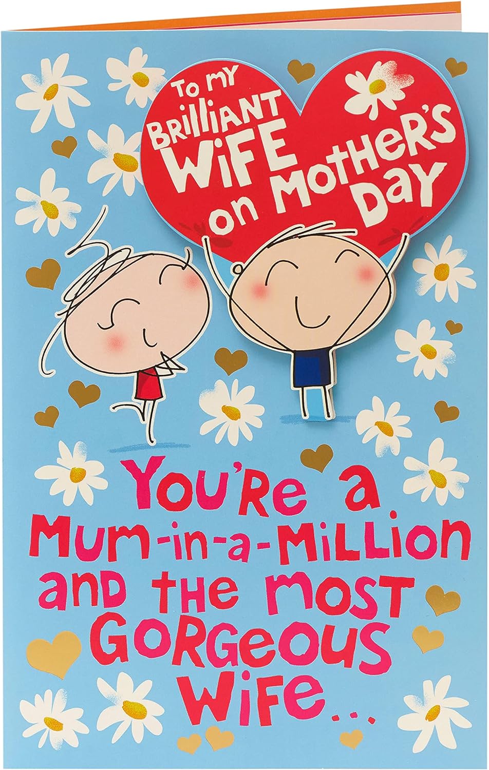Fun cartoon Mother's Day greeting card for wife with blue envelope, UK Greetings, featuring cheerful illustrations.