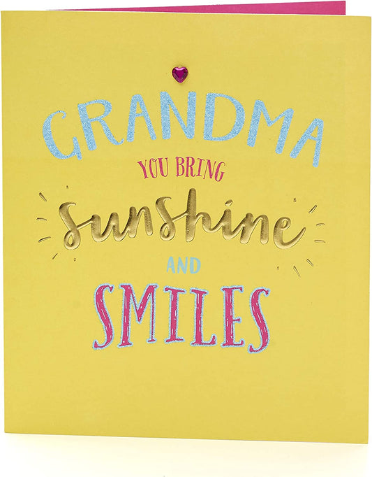 Mother's Day greeting card from UK Greetings with a cheerful sunshine and smile design for grandma.