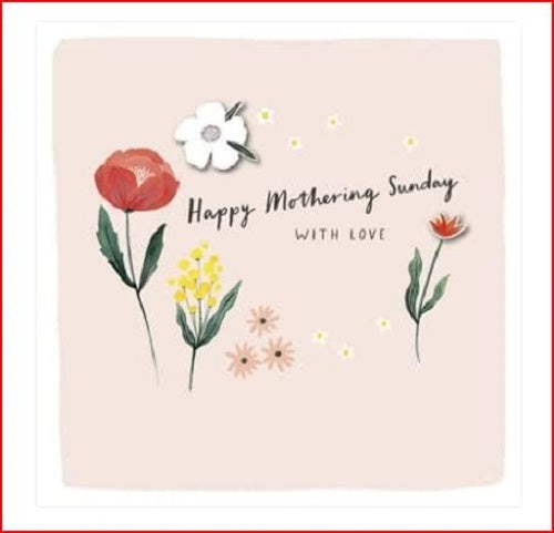 Mother's Day greeting card from UK Greetings featuring a heartfelt "Happy Mothering Sunday" message with floral design.