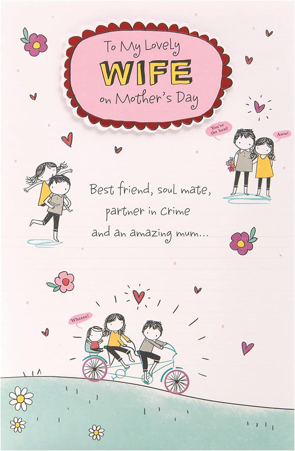Mother's Day greeting card with envelope featuring a lovely wife design, white paper, UK Greetings brand, decorative floral accents.