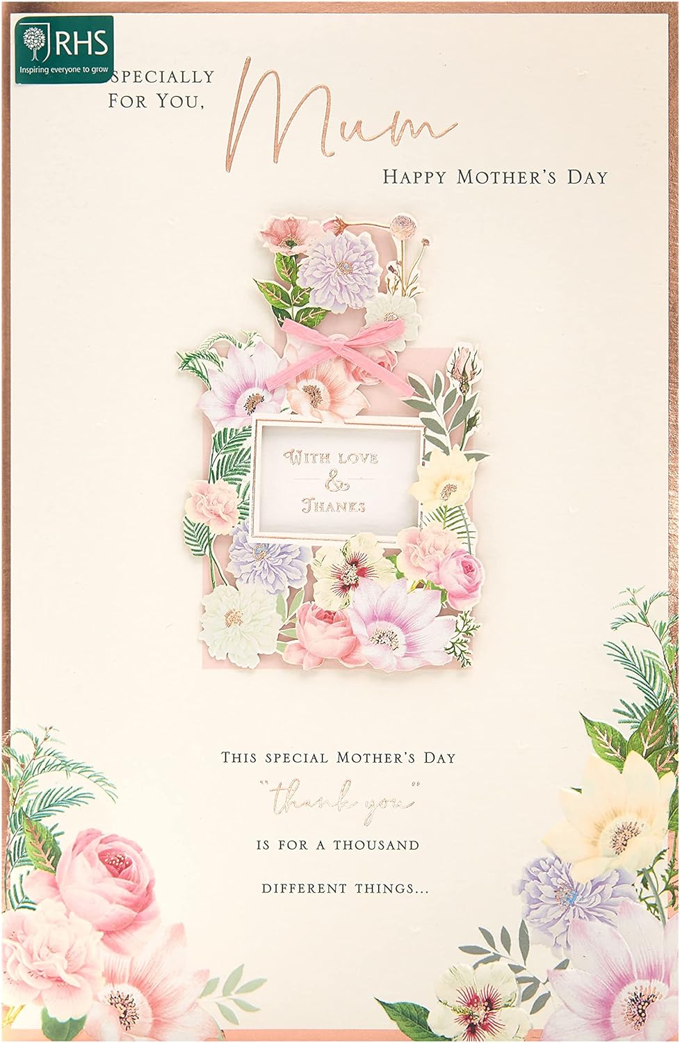Mother's Day greeting card with pretty perfume design and white envelope, UK Greetings floral-themed card for special occasions.