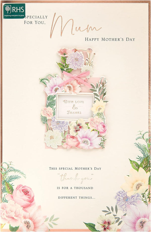 Mother's Day greeting card with pretty perfume design and white envelope, UK Greetings floral-themed card for special occasions.
