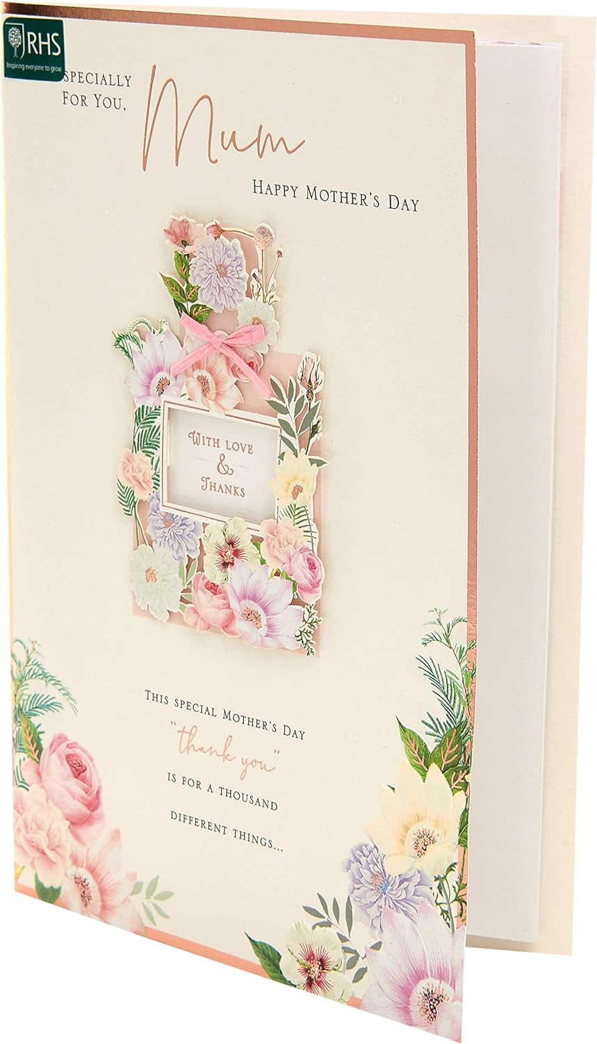 Mother's Day greeting card with perfume design and white envelope from UK Greetings, featuring elegant floral artwork.