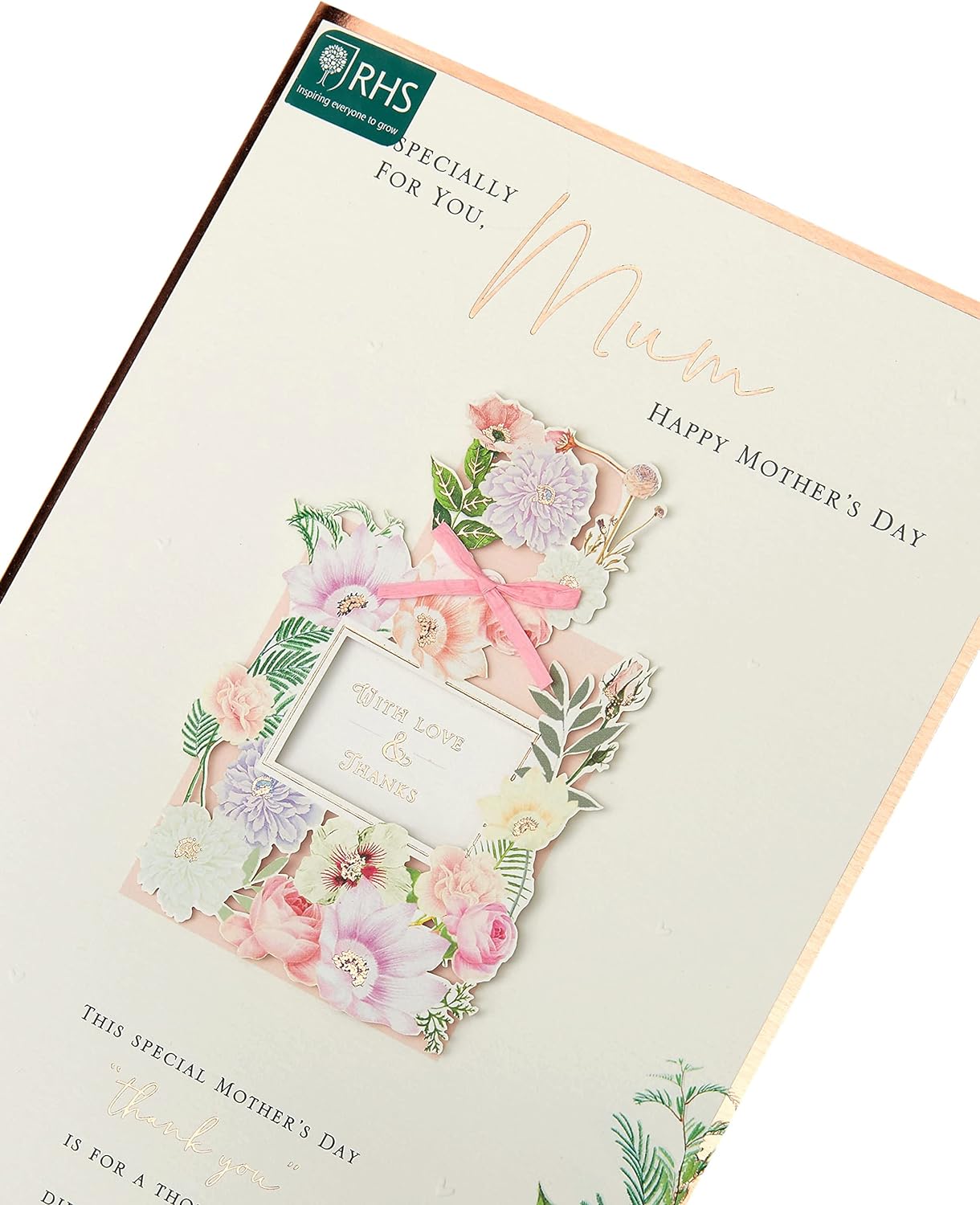 White Mother's Day greeting card with perfume design and envelope, UK Greetings, featuring elegant floral and perfume illustrations.