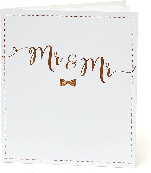 Wedding greeting card from UK Greetings featuring two grooms with congratulatory message for a same-sex wedding celebration.