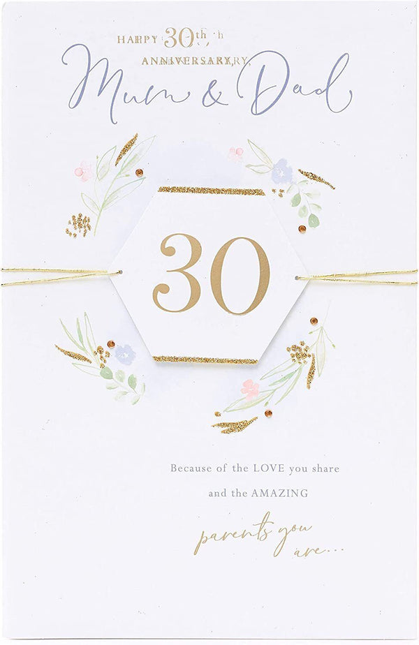 UK Greetings Mum and Dad 30th Anniversary greeting card with floral design and heartfelt message inside.
