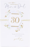 UK Greetings Mum and Dad 30th Anniversary greeting card with floral design and heartfelt message inside.