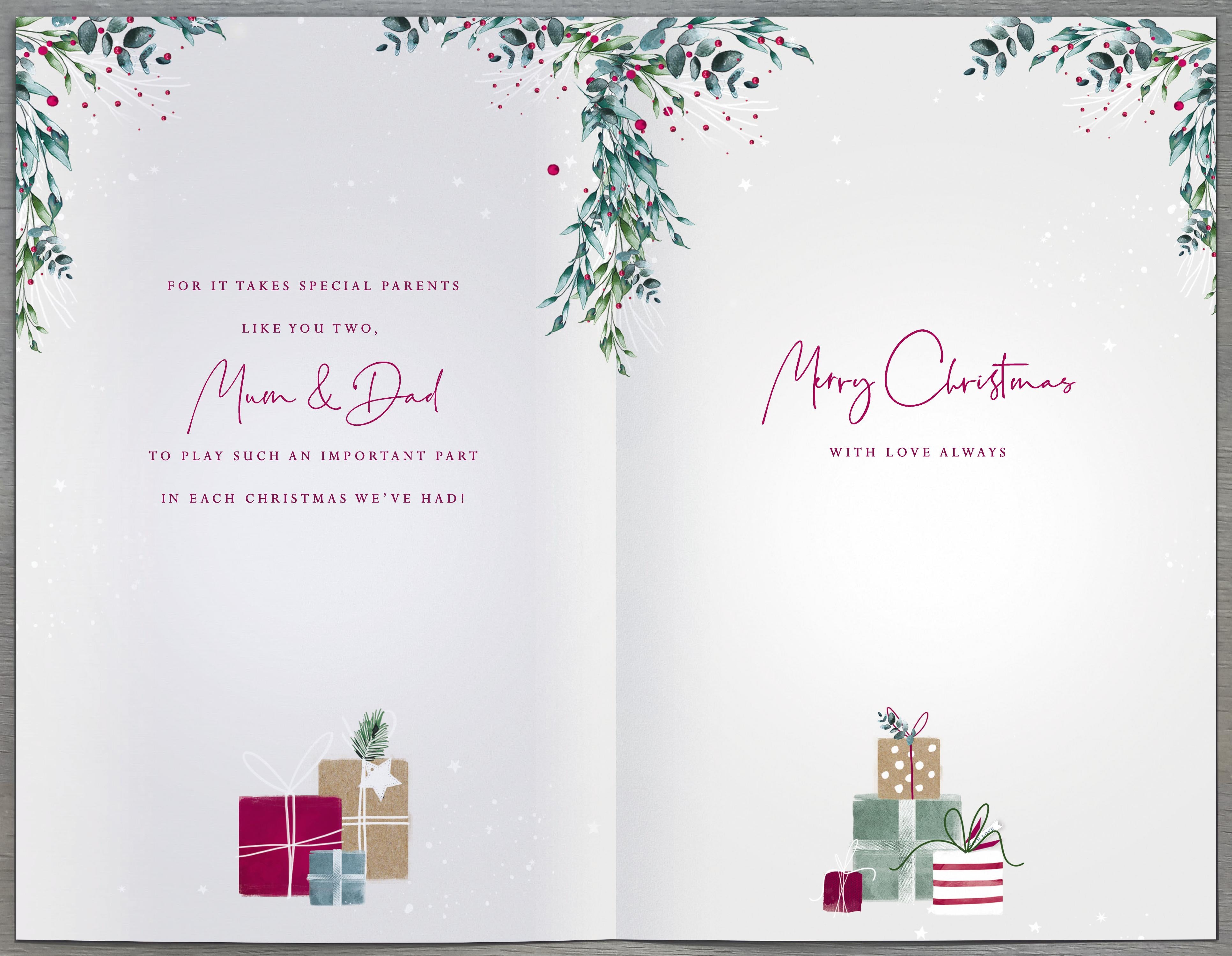 UK Greetings Mum and Dad fireplace Christmas greeting card with festive holiday design and heartfelt message.
