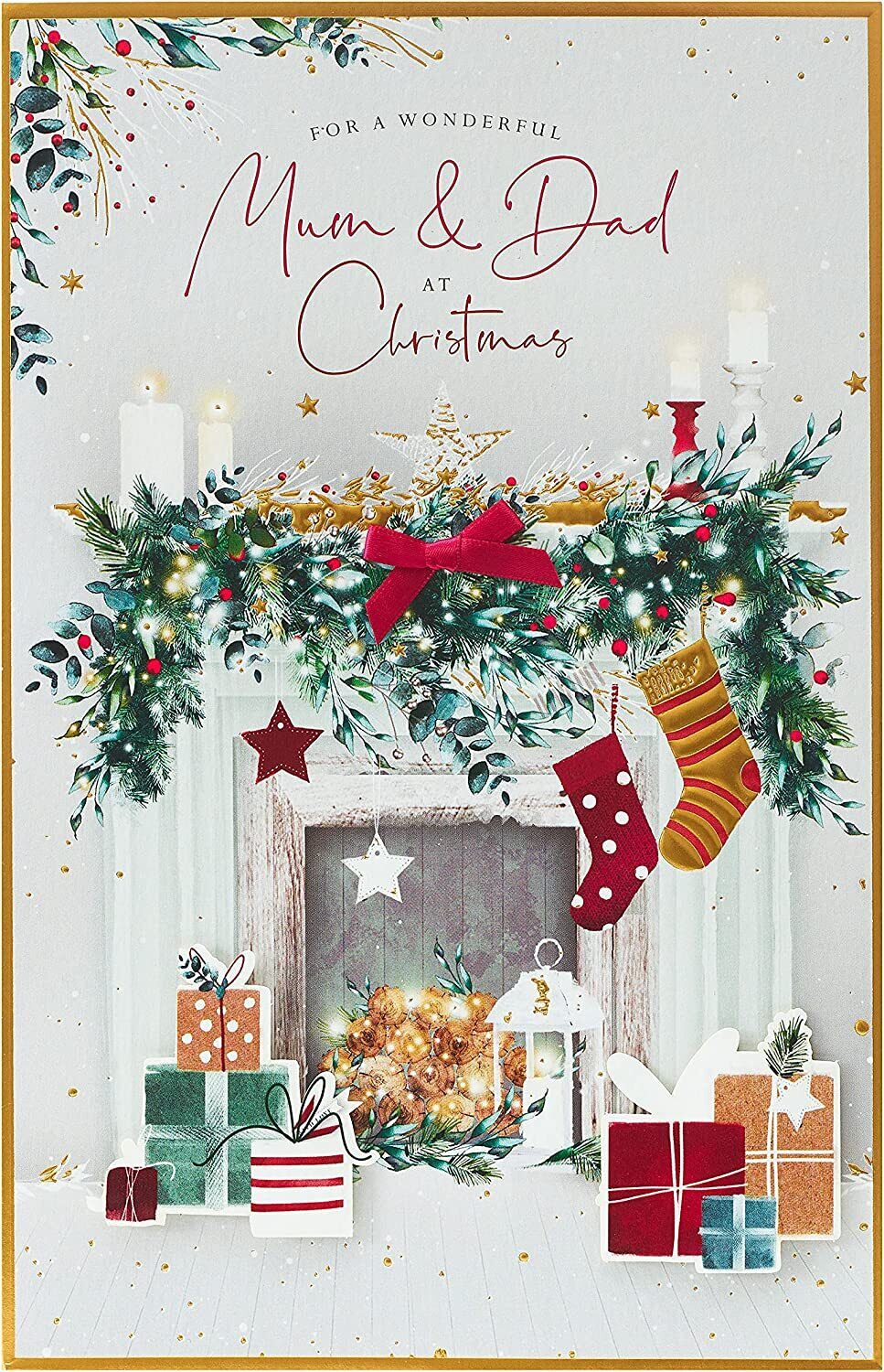 UK Greetings Christmas greeting card featuring a Mum and Dad fireplace scene, perfect for festive holiday wishes.