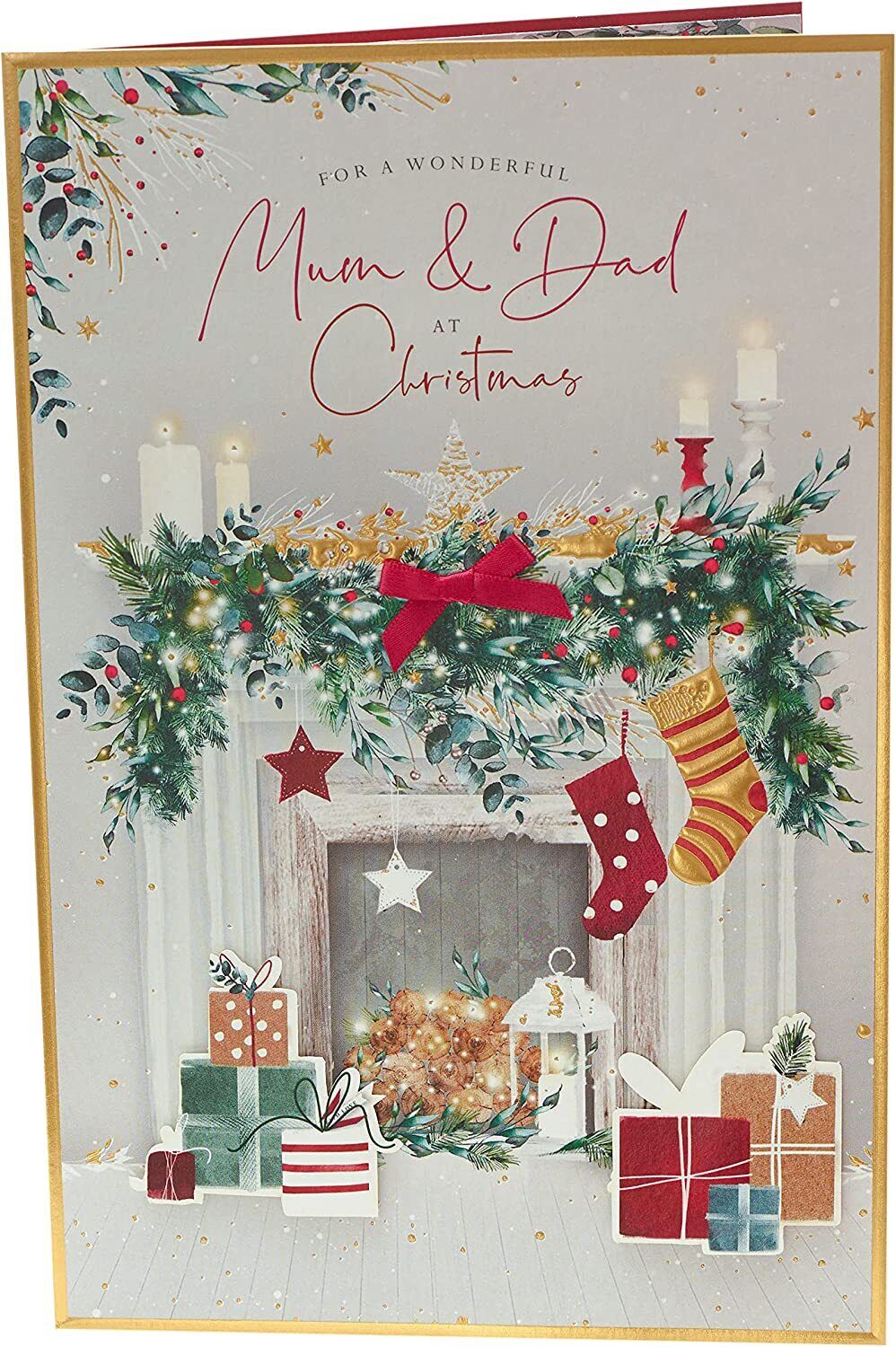UK Greetings Mum and Dad Christmas greeting card featuring festive fireplace and presents, perfect for holiday wishes.