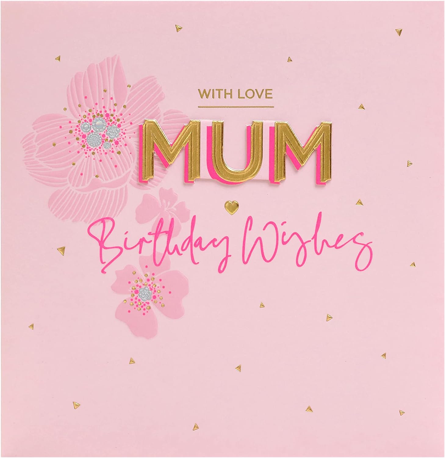 Pink floral birthday greeting card for mum with envelope from UK Greetings, featuring a delicate flower design.