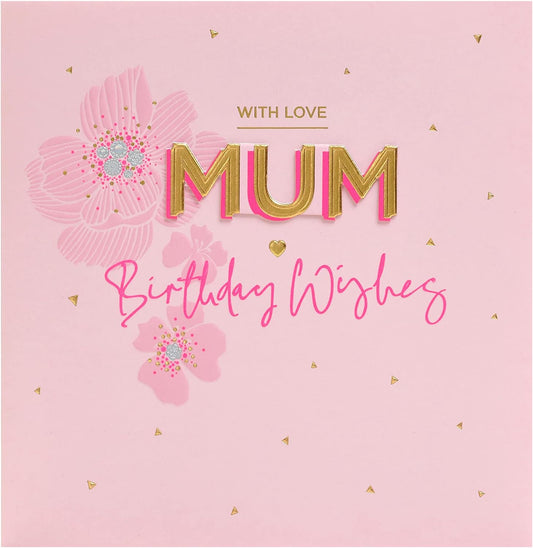 Pink floral birthday greeting card for mum with envelope from UK Greetings, featuring a delicate flower design.