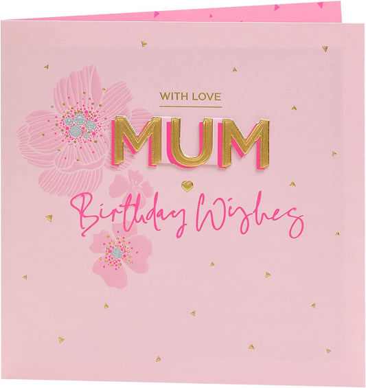 Pink floral birthday greeting card for mum with envelope from UK Greetings, featuring a delicate flower design.