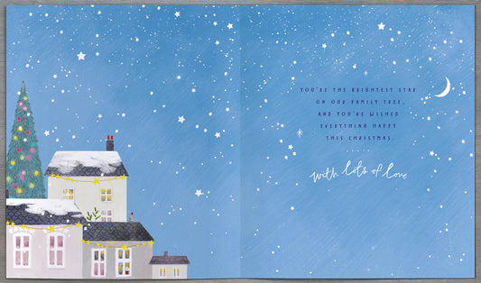 Christmas greeting card featuring festive tree and houses design by UK Greetings, perfect for holiday wishes.