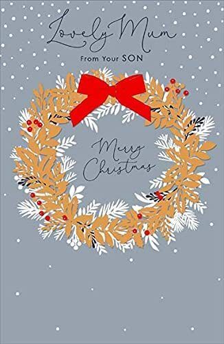 Gold wreath design Christmas greeting card from UK Greetings featuring a heartfelt message for mum from son.