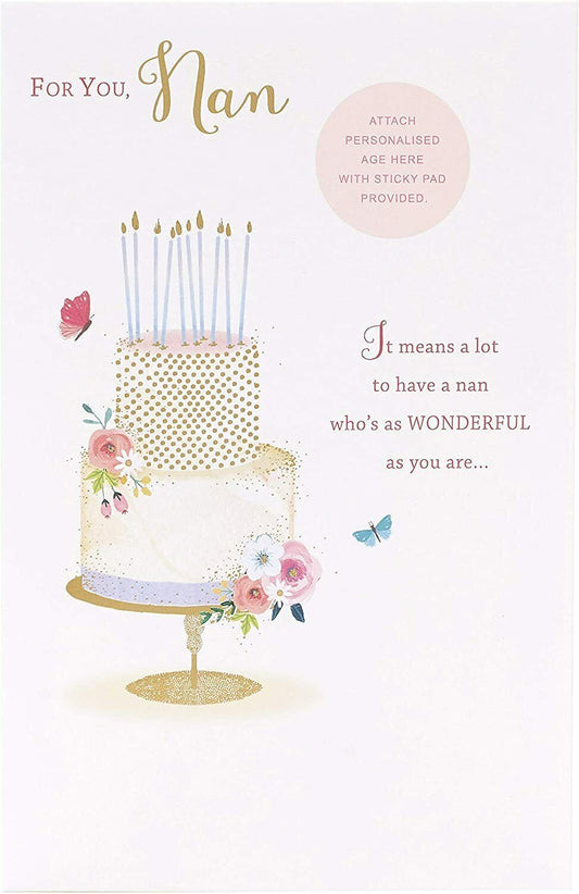Personalized Nan birthday greeting card with nice verse, available for 40th to 90th age, UK Greetings brand, featuring colorful design.