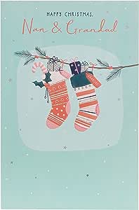 Festive Nan and Grandad Christmas card with colorful stockings design, UK Greetings greeting card for the holiday season.