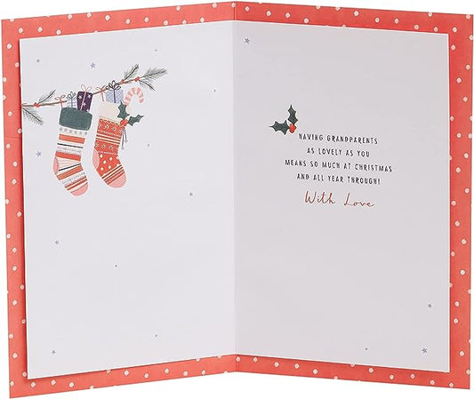 Festive Christmas greeting card from UK Greetings featuring colorful stockings design, perfect for Nan and Grandad.