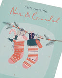 Nan and Grandad Christmas greeting card with festive stockings design, UK Greetings holiday card featuring colorful holiday illustrations.
