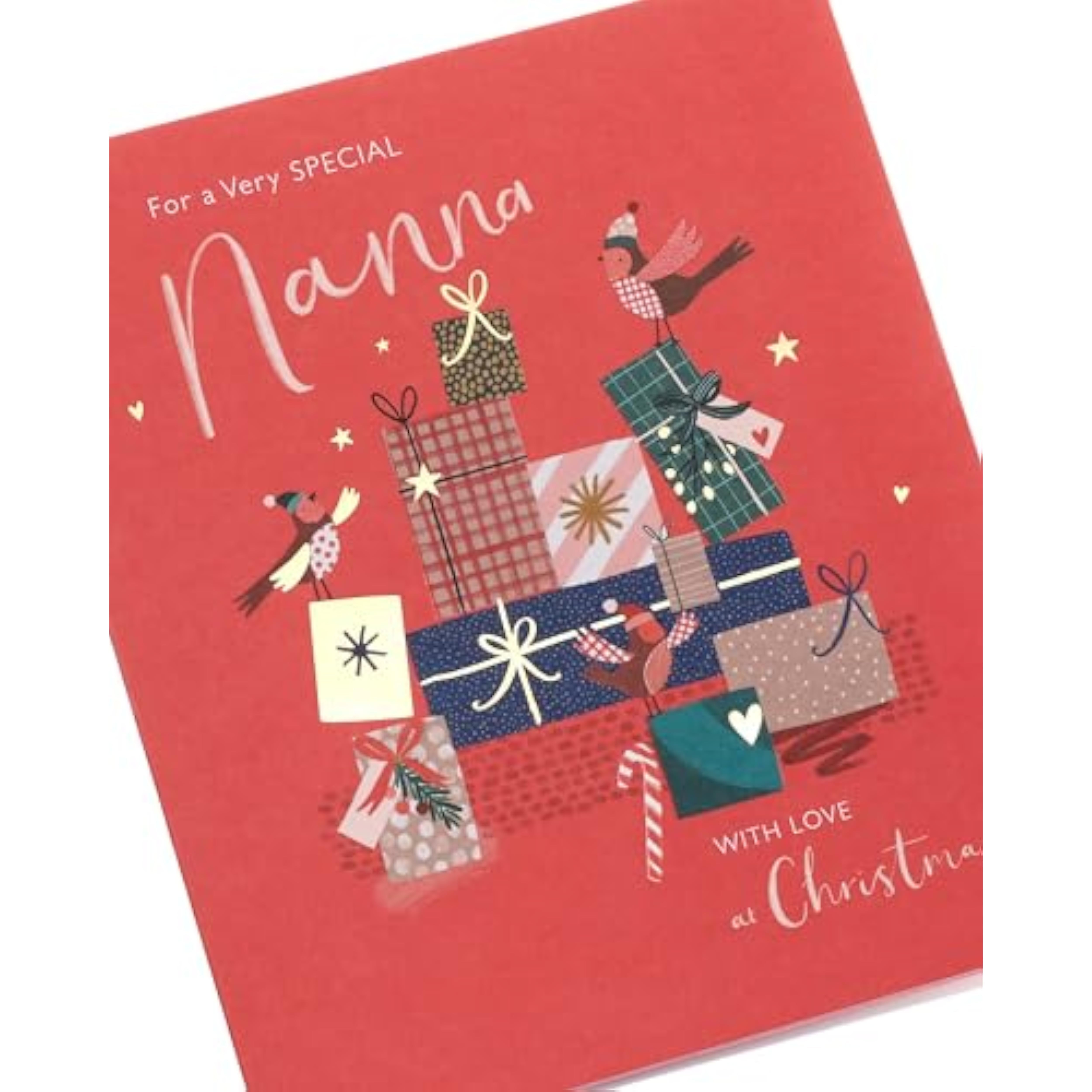 Nanna’s Magical Christmas greeting card featuring presents and gold wishes design by UK Greetings.
