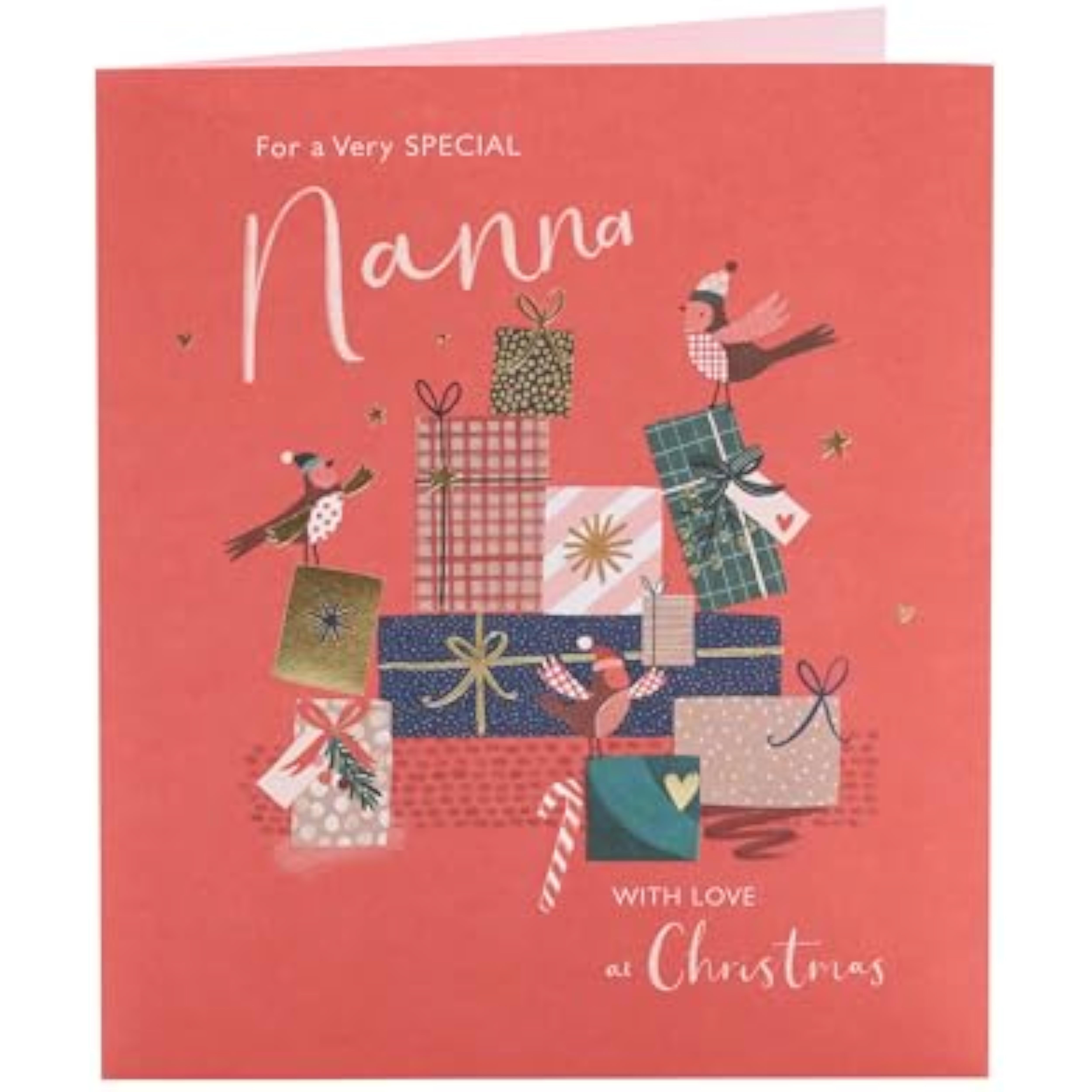 UK Greetings Nanna’s Magical Christmas greeting card featuring presents and gold wishes design for the holiday season.