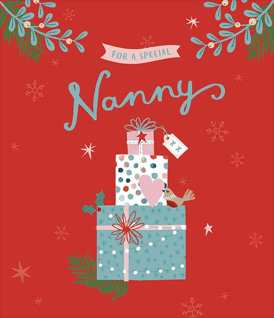 Elegant Nanny Christmas greeting card with foiled love design from UK Greetings, featuring festive holiday imagery.