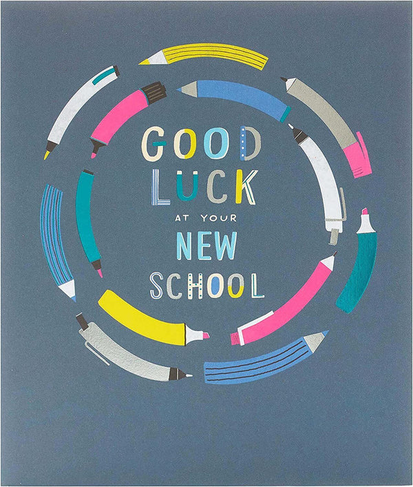 Colorful Neon Pencils New School Good Luck greeting card by UK Greetings featuring vibrant pencil illustrations and cheerful design.
