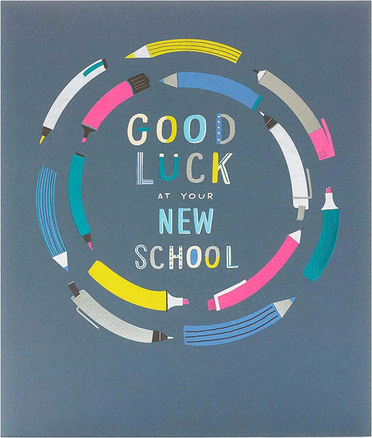 Colorful Neon Pencils New School Good Luck greeting card by UK Greetings featuring vibrant pencil illustrations and cheerful design.