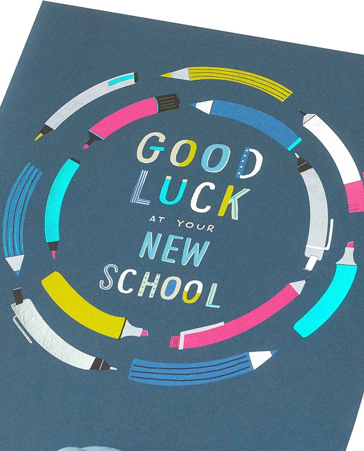 Colorful neon pencils greeting card with "Good Luck" message, designed by UK Greetings, featuring vibrant artwork for special occasions.