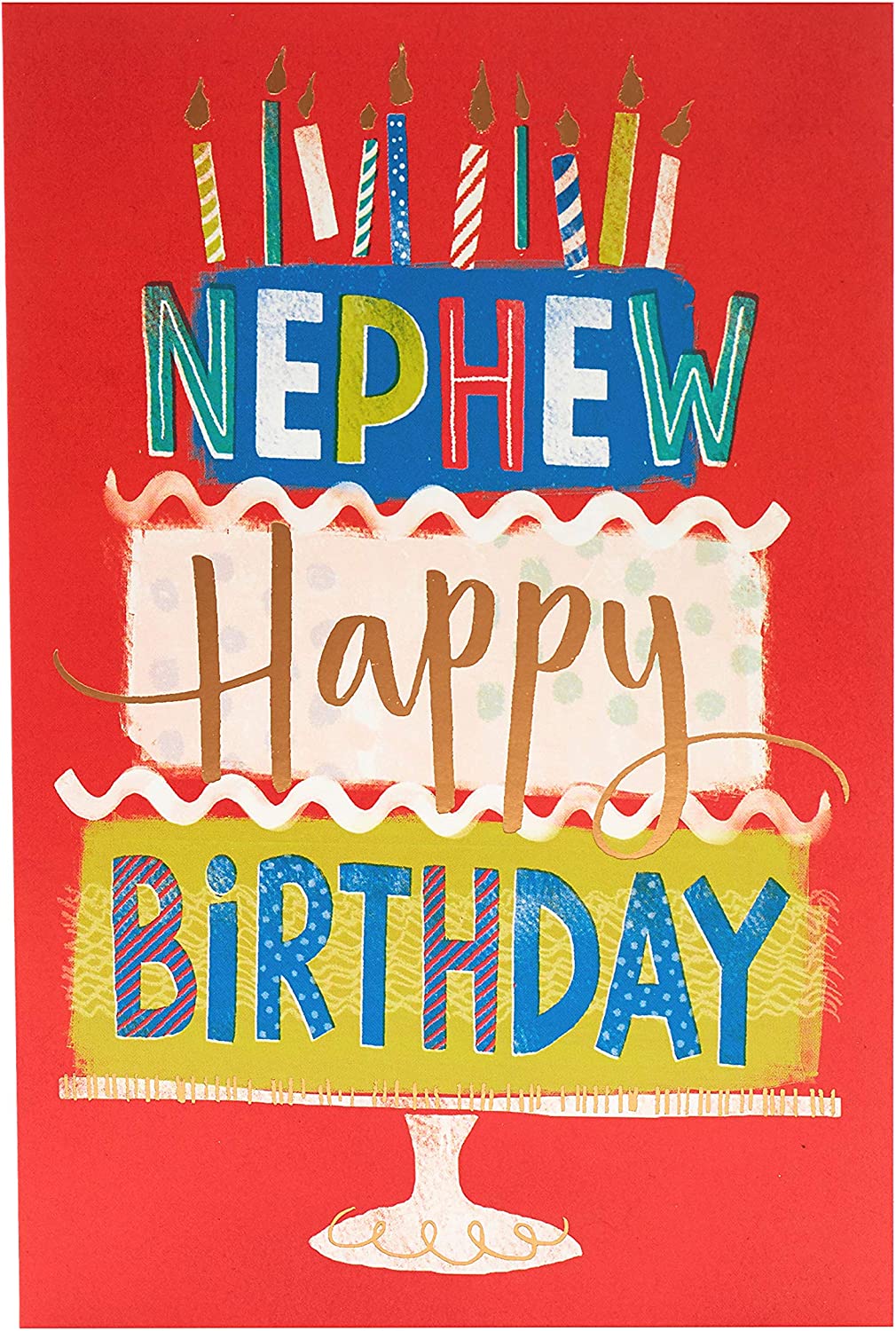 Colorful Nephew birthday greeting card featuring a cake with candles and playful design by UK Greetings.