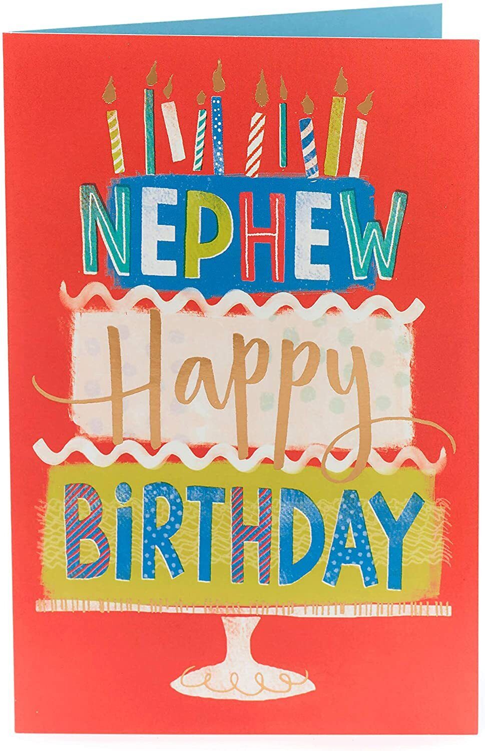 Nephew birthday greeting card featuring a colorful cake and candles, from UK Greetings, with playful and festive design.