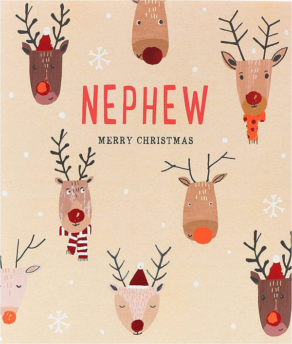 Nephew Christmas greeting card with reindeer red foil design by UK Greetings, featuring festive holiday imagery and cheerful message.