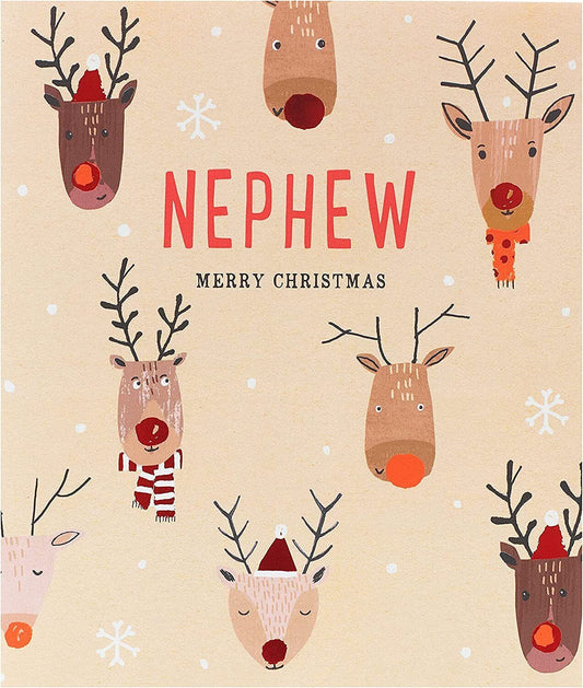 Nephew Christmas greeting card with reindeer red foil design by UK Greetings, featuring festive holiday imagery and cheerful message.